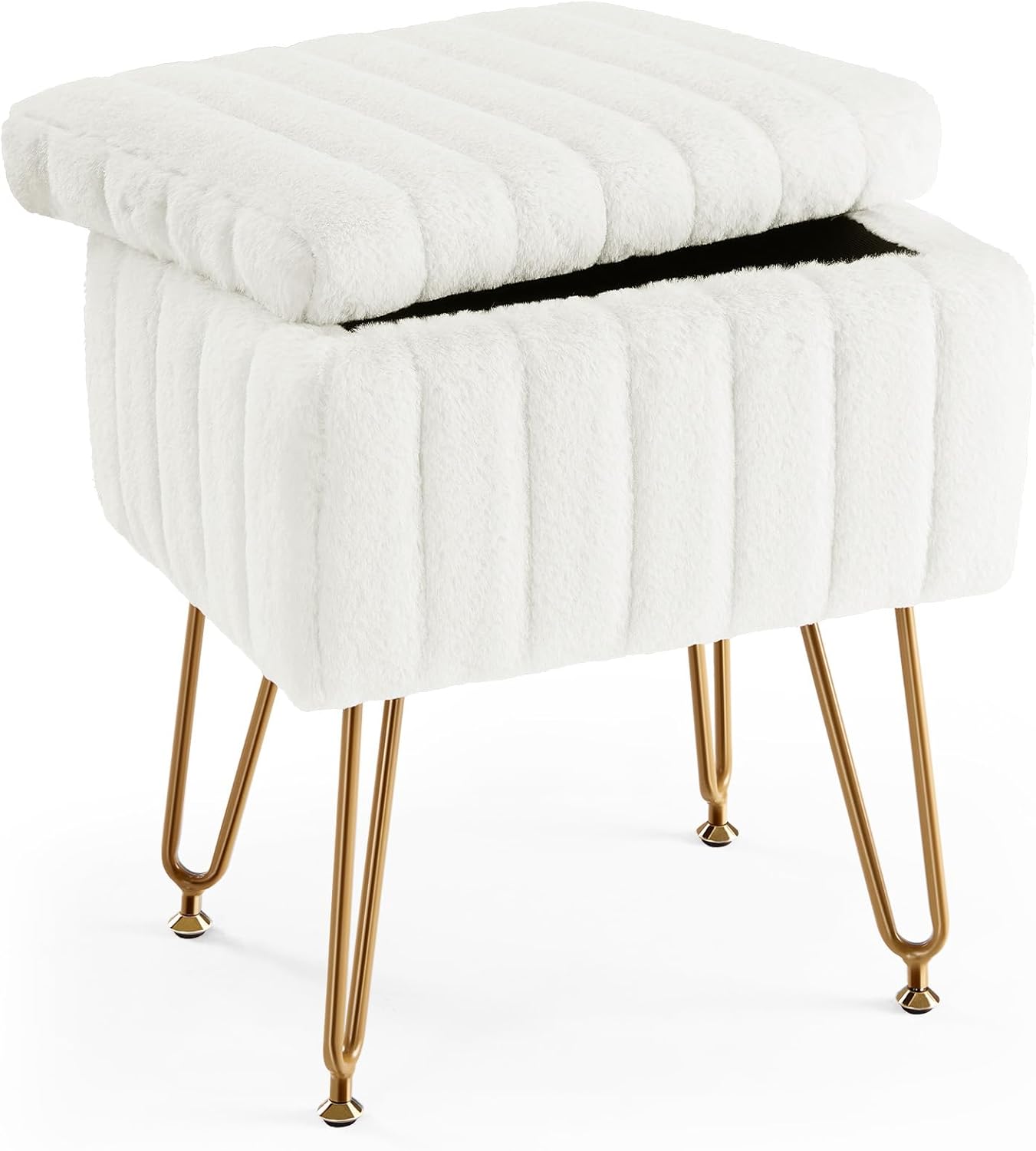 Bedroom Furniture - White Storage Vanity Stool, Faux-Fur Soft