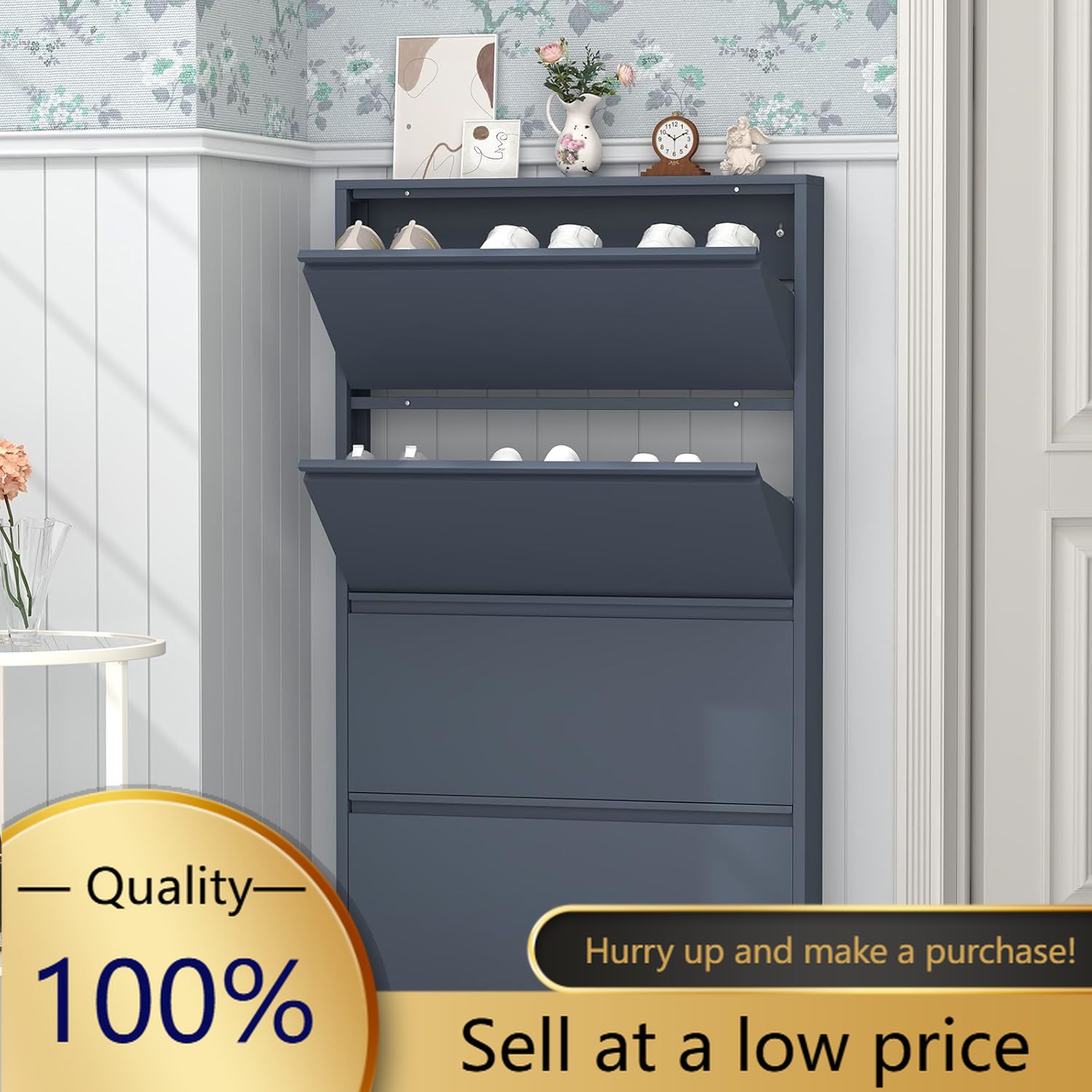 Shoe Rack Cabinet Narrow Entryway - Shoe Cabinet with 4 Flip Drawers,
