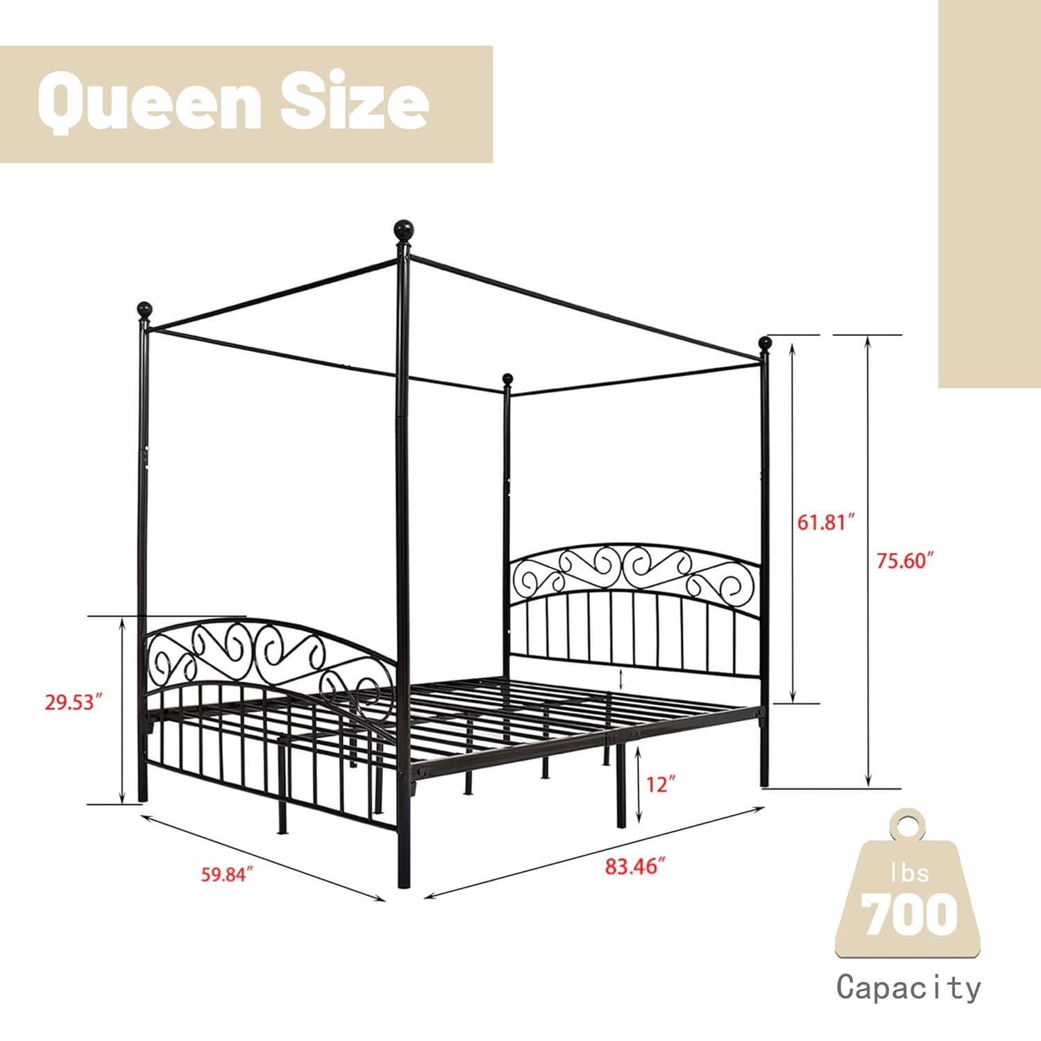 Queen Size Metal Canopy Bed Fr - огляд і ціна Canopy Bed Frame Metal Queen