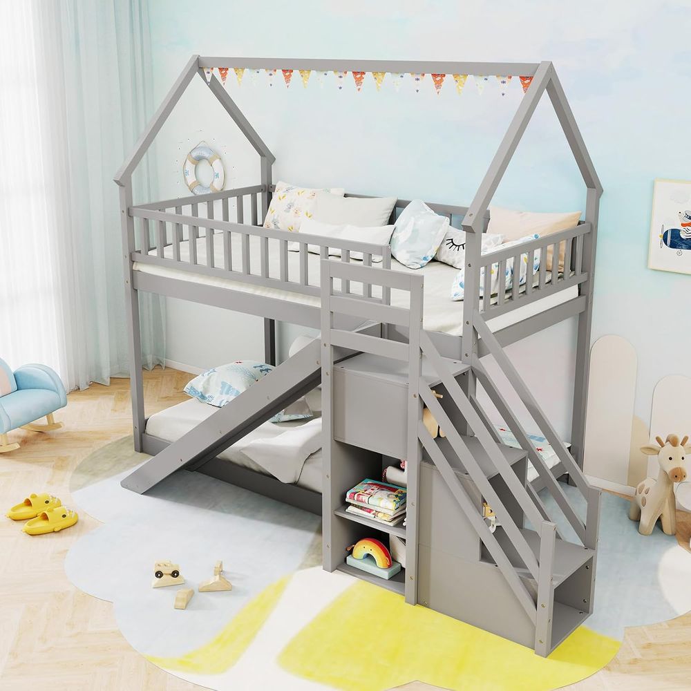 Twin Over Twin Bunk Bed with S - огляд і ціна Bunk Bed With Stairs And Slide