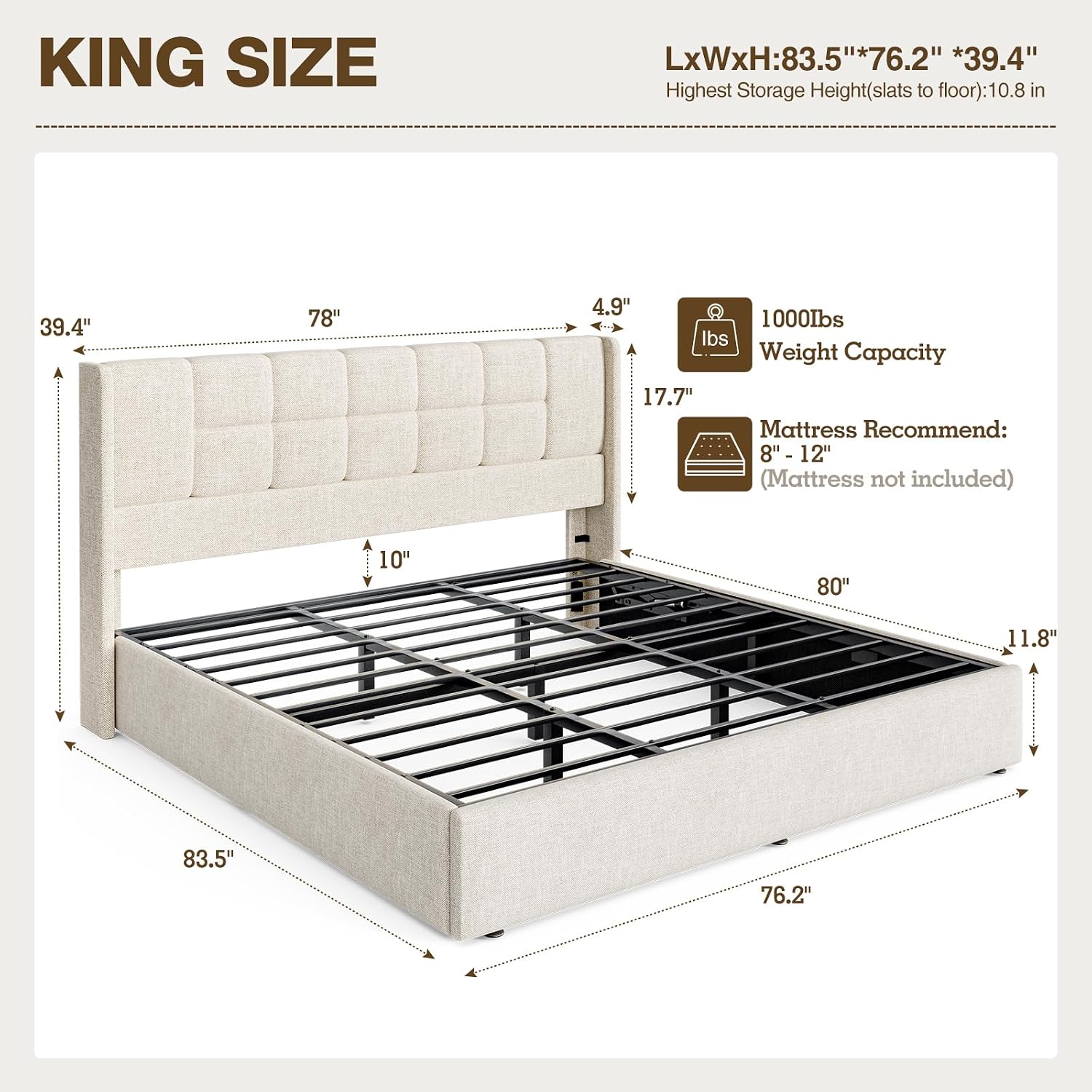 Linen Upholstered King Bed Fra - огляд і ціна Gas Lift Storage Bed Hydraulic