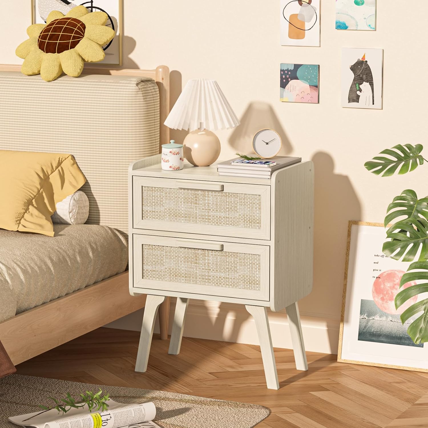Rattan Nightstand Set of 2, 2  - огляд і ціна Solid Wood Nightstand 2 Drawers