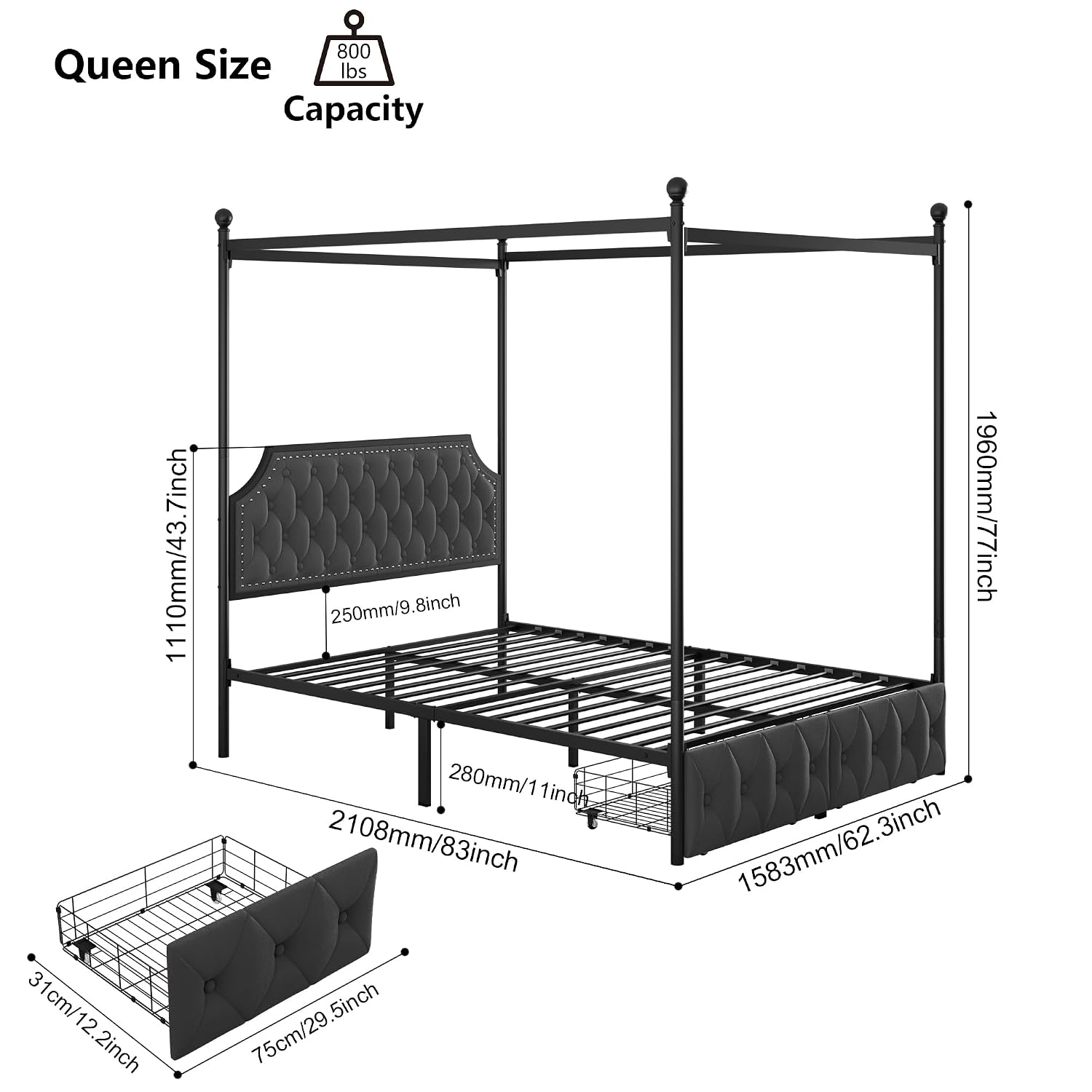 Queen Canopy Bed Frame with St - огляд і ціна Canopy Bed Frame Metal Queen