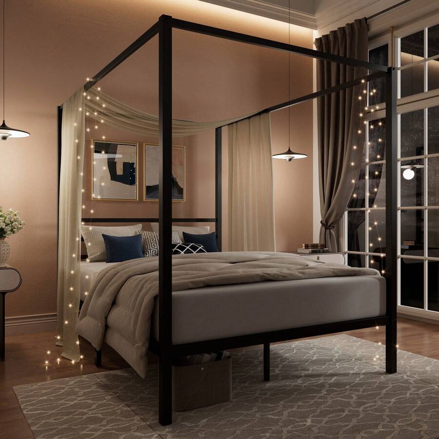 Black Canopy Bed Frame, Full/Q - огляд і ціна Canopy Bed Frame Metal Queen