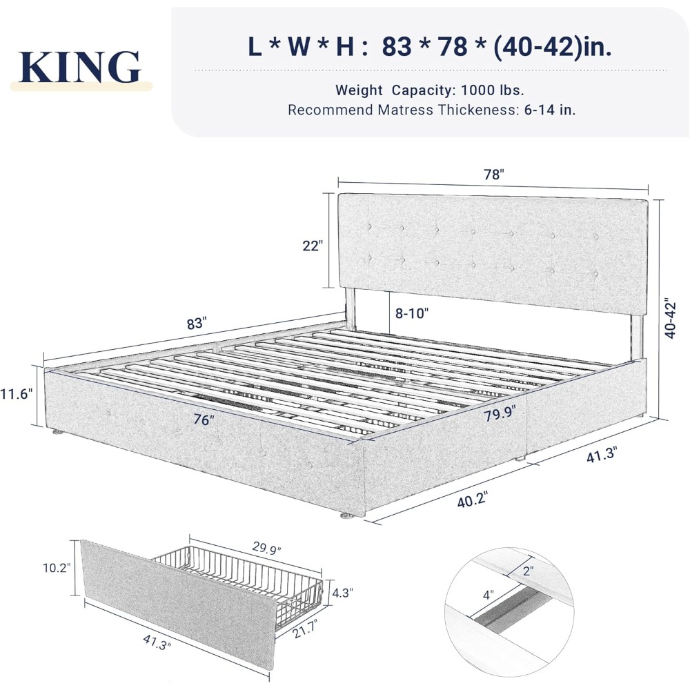 US Shipping King Size Platform - огляд і ціна King Size Bed Frame With Storage Drawers
