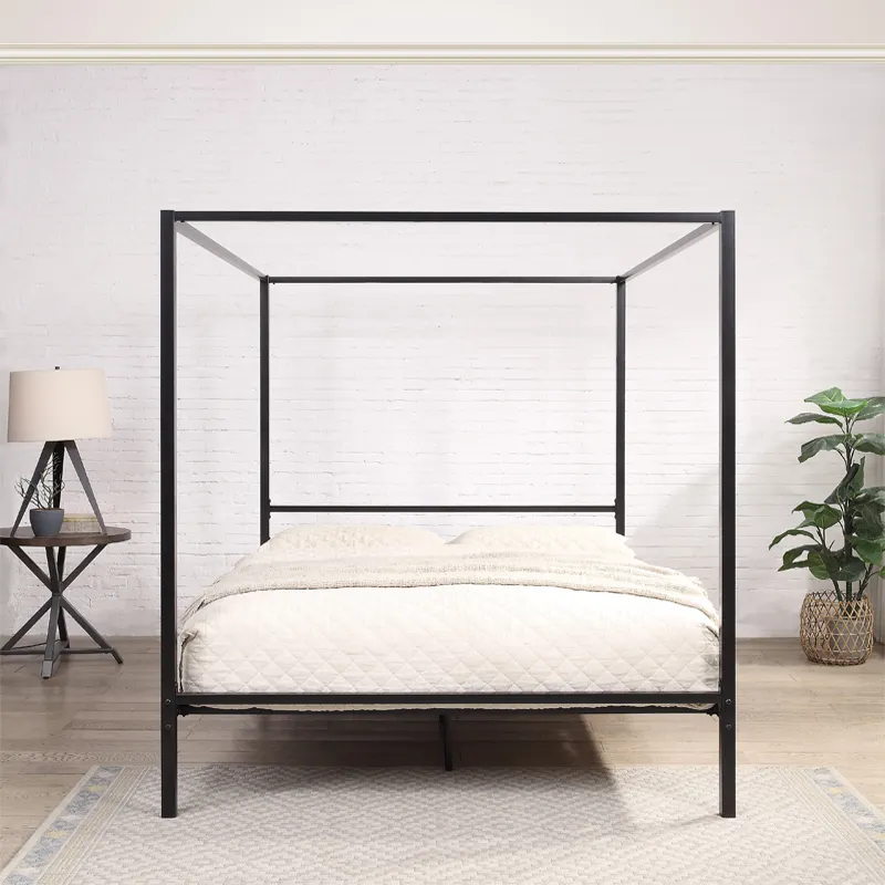 yh-Modern Design Black Four 4  - огляд і ціна Canopy Bed Frame Metal Queen