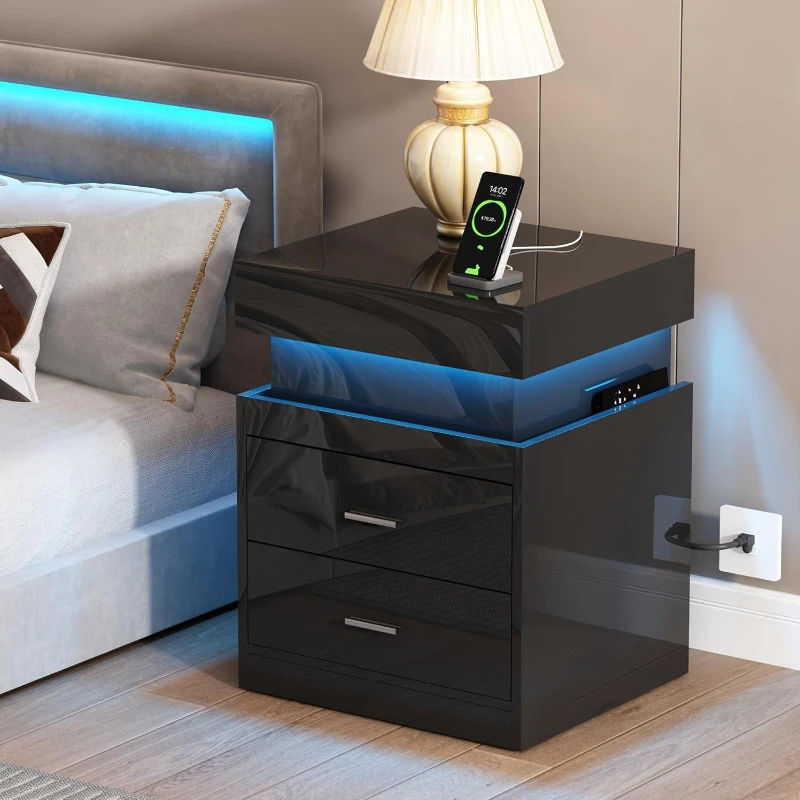 LED Nightstand With Charging S - огляд і ціна Solid Wood Nightstand 2 Drawers