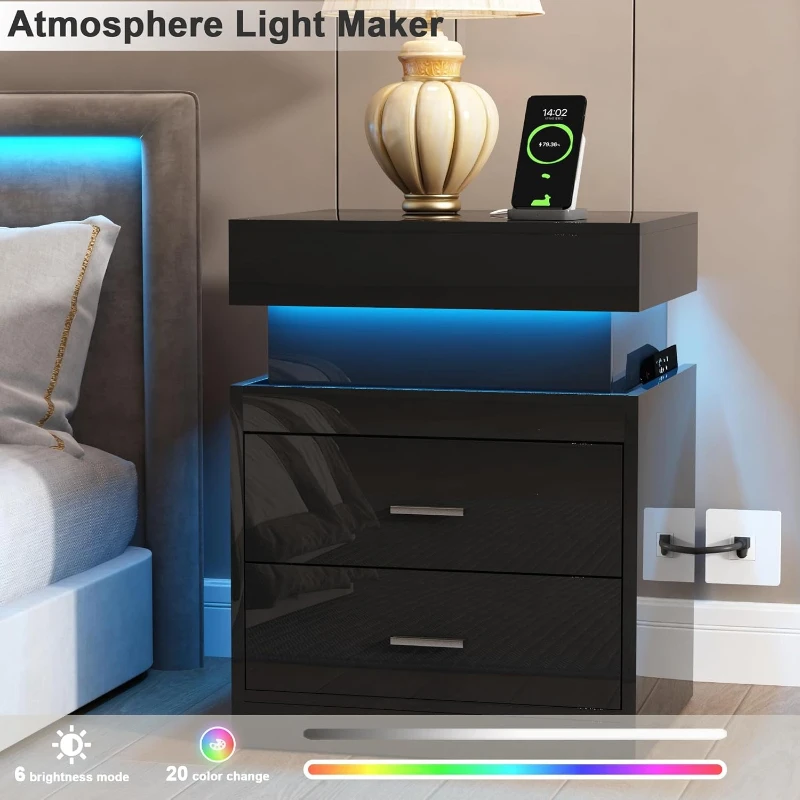 LED Nightstand With Charging S - огляд і ціна Solid Wood Nightstand 2 Drawers