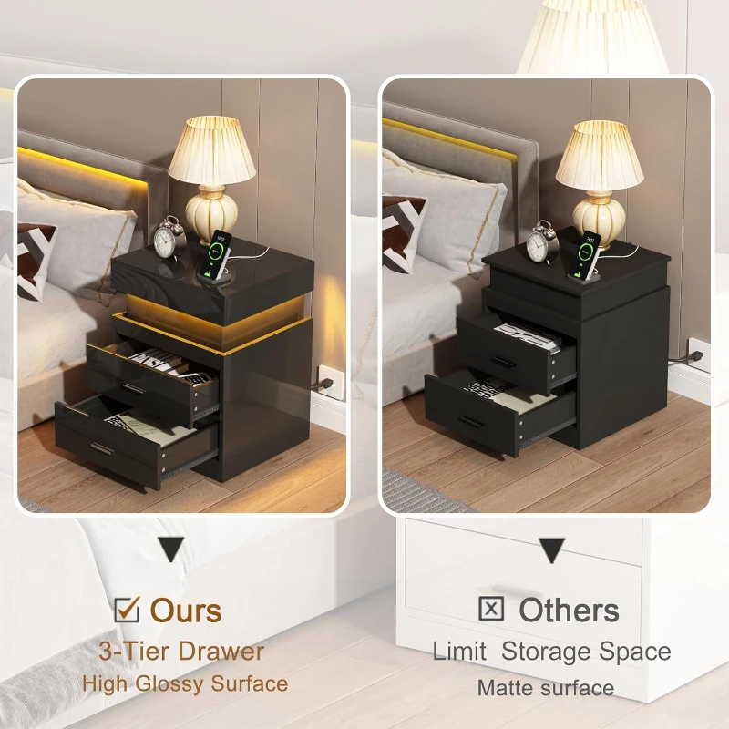 LED Nightstand With Charging S - огляд і ціна Solid Wood Nightstand 2 Drawers