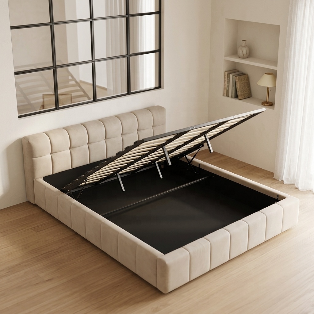 ^ Modern Tufted Soft Bed with  - огляд і ціна Gas Lift Storage Bed Hydraulic